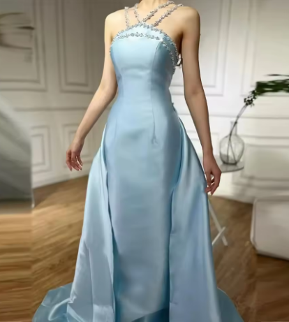 Gorgeous Blue Sleeveless Satin Beaded Mermaid Long Prom Dress Evening Gown