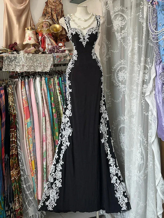 Chic Black Mermaid Spandex Straps with Lace Evening Dress, Black Long Prom Dress