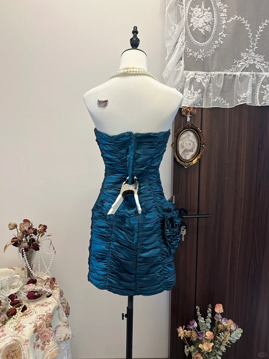 Dark blue tube top waist pleated slim hip sexy short skirt homecoming dress R4304