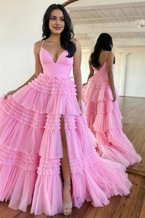 omberprom A-Line Spaghetti Straps Long Evening Dress Tiered Tulle Prom Dress With Split