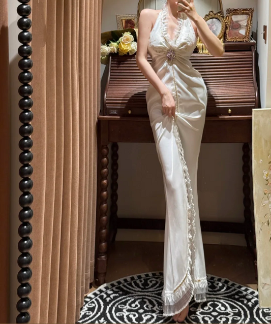 Sexy Halter V Neck Ruffles Beaded Long Mermaid Evening Dress White Formal Birthday Party Dress Prom Gown
