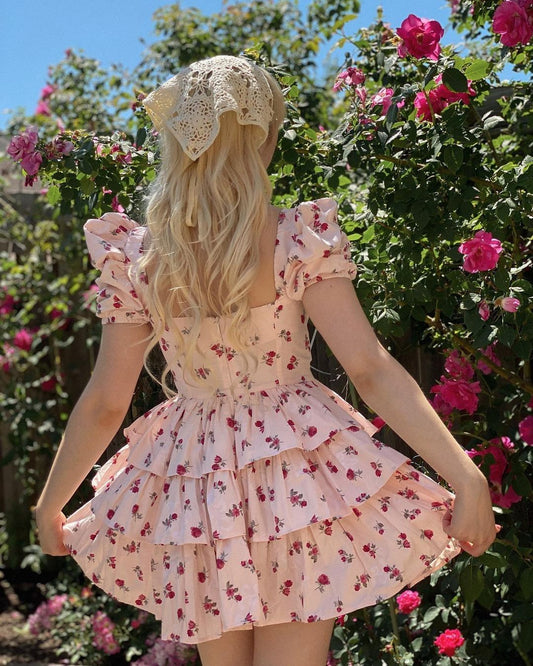 Pink Floral Puff Sleeve Waist A-Line Cake Skirt Homecoming Dress R4000