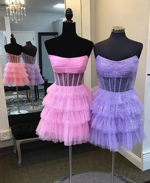 omberprom Charming Graduation Dresses Sparkly Strapless Multi-Layers Tulle Homecoming Dress