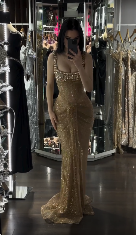 Sexy Gold Mermaid Long Evening Dresses Beaded Prom Gown S6953