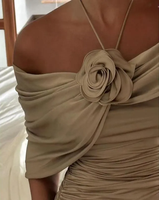 Champagne Evening Dress Sleeveless Floor Length 3D Flower Pleat Sexy Formal Occasion Dress S7032