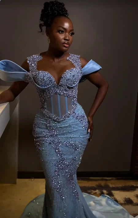 Gorgeous Sky Blue Beaded Prom Dress Long Sweetheart Evening Dress Mermaid Formal Dress TP4581