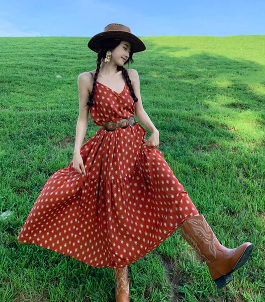 Beach holiday dress travel wear chiffon retro red dress floral loose suspender beach dress R1599