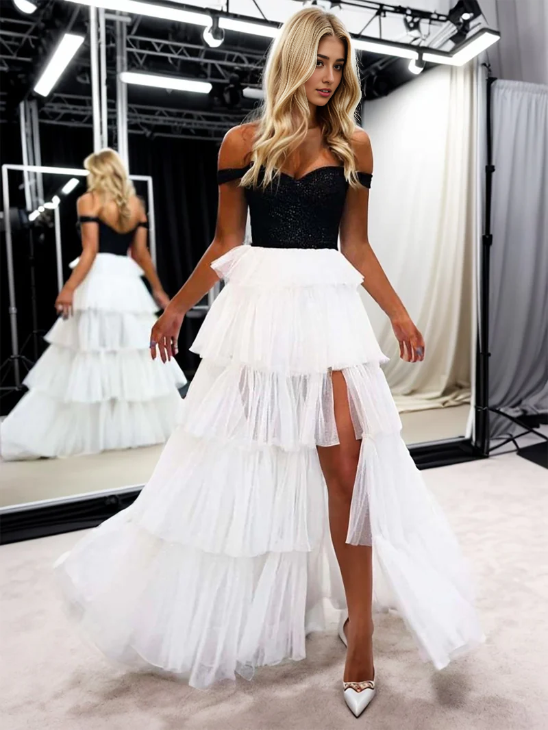 omberprom A-Line Off Shoulder Strapless Tiered Long Prom Dress Elegant Evening Party Dress