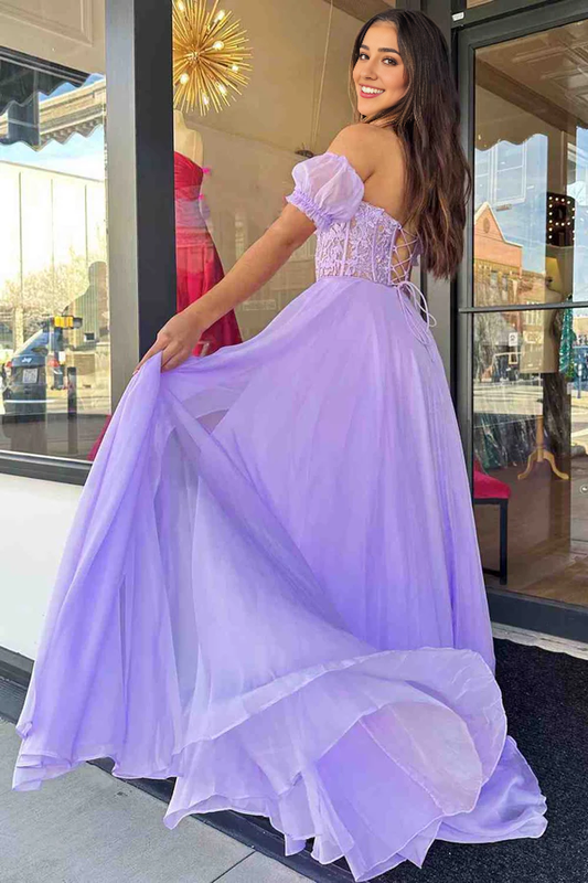 omberprom Elegant Off-Shoulder A-line Evening Dress Chiffon Applique Lace-Up Long Prom Dress