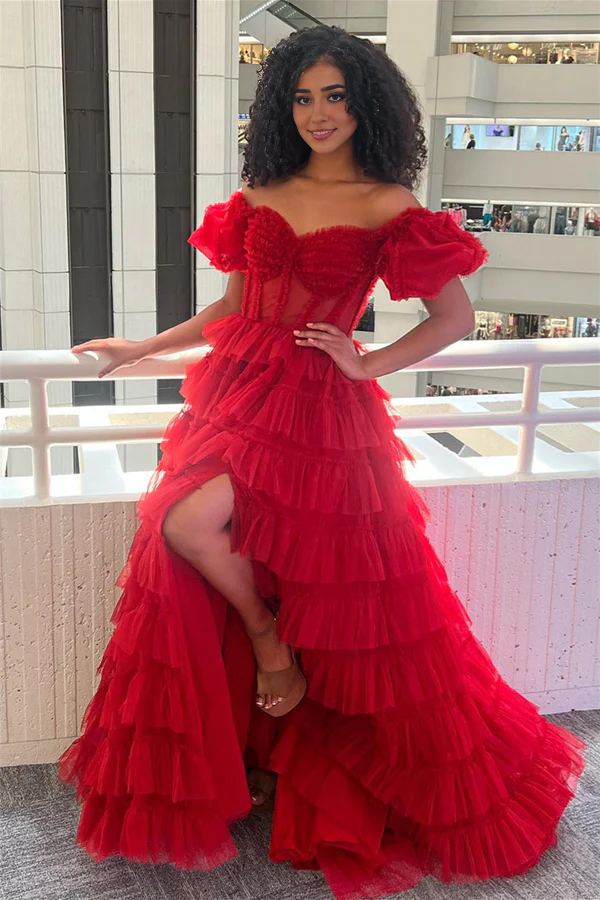 omberprom Fashion A-line Evening Dress Off-the-Shoulder Tulle Prom Dress with Slit