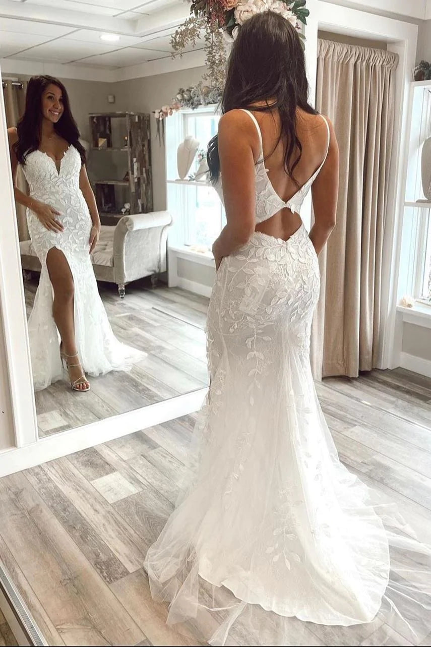Beautiful White Mermaid Lace Prom Dress Long Evening Dresses with Split