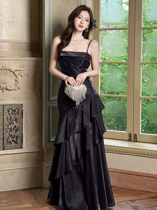 Black Scoop Mermaid Straps Long Party Dress, Black Satin Long Formal Dress Prom Dress
