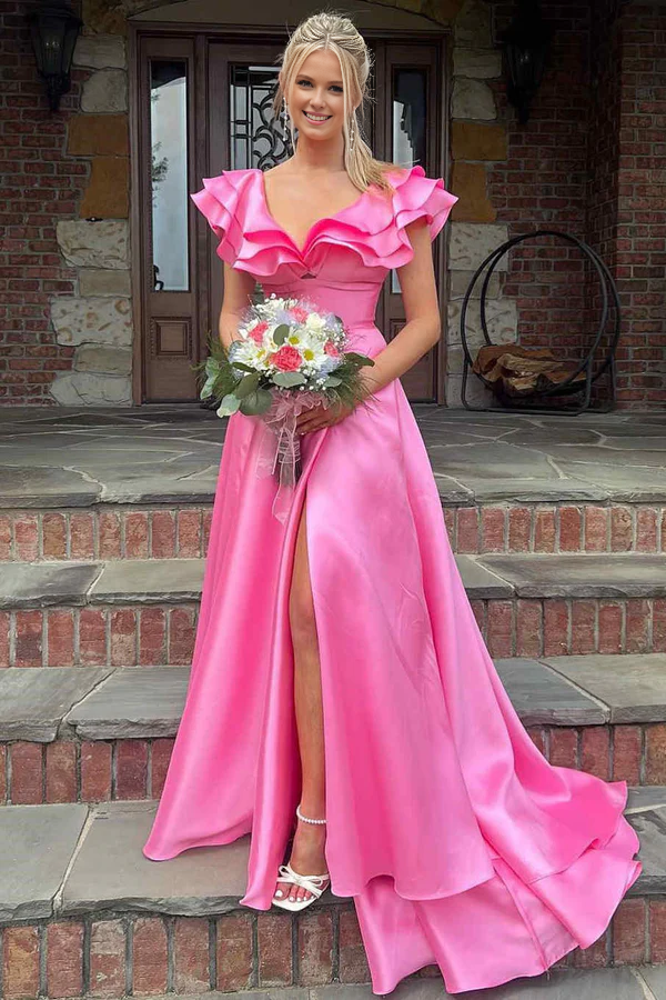omberprom Evening Dress Hot Pink V-Neck Ruffle A-Line Long Prom Dress