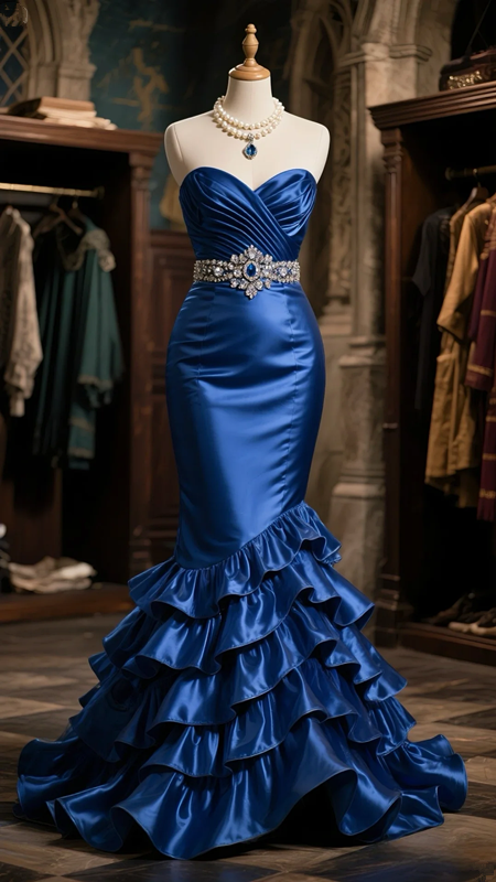 Dark blue strapless slim waist satin hip-hugging sexy ball gown R6084