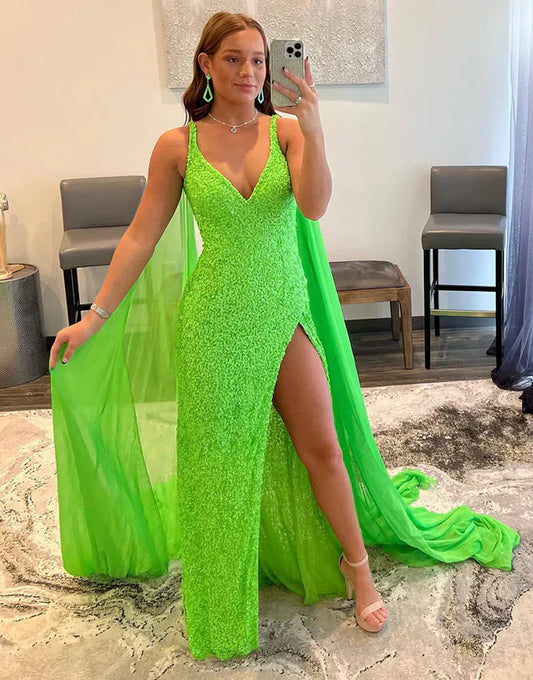 omberprom Fashion Mermaid Evening Dress V Neck Sequin Prom Dress with Slit