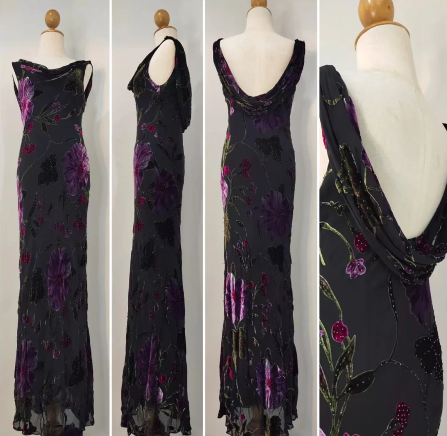 Retro Black Mermaid Neckline Embroidered Floral Backless Chiffon Long Prom Dress Evening Dress P4218