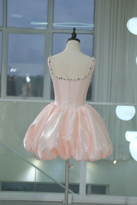 Pink Strap Diamond Satin Waisted Flower Bud Tutu Skirt Homecoming Dress R4166