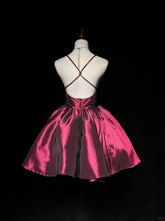 Purple suspenders low-cut sexy waist princess puffy skirt short dress homecoming dress R4893