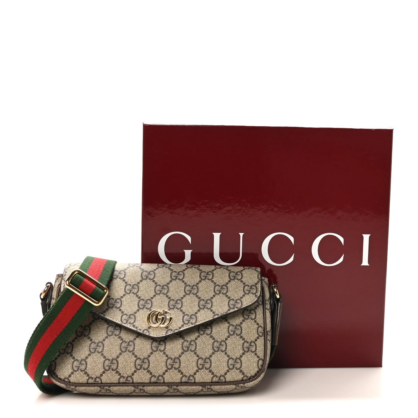 GG Supreme Monogram Textured Dollar Calfskin Web Mini Ophidia Envelope Shoulder Bag Beige Ebony New Acero