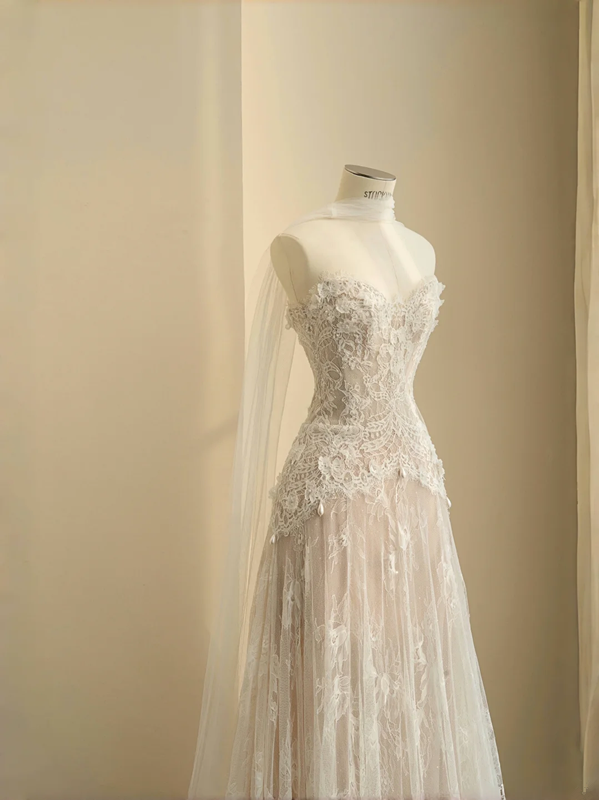 Apricot lace tube top slim waist A-line maxi skirt, prom dress R5673