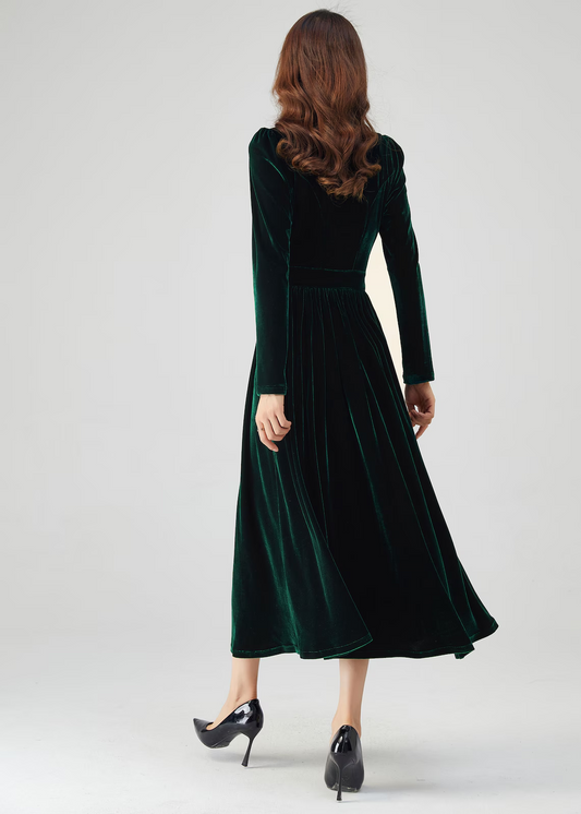 Liymcdress Elegant Velvet Dress Long Sleeves Dress V Neck Formal Dress for Wedding Guest