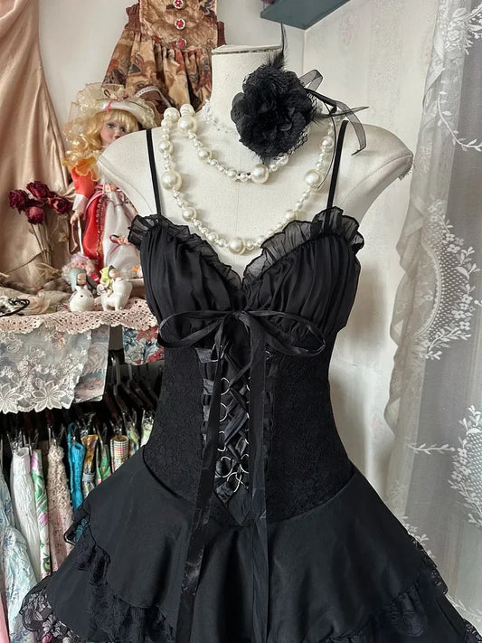 Vintage Black Sweetheart Design Elegant Spaghetti Strap Tiered Homecoming Dress TP3537