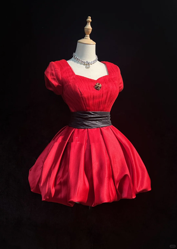 Red short-sleeved square collar waist slim fit short dress homecoming dress R4896