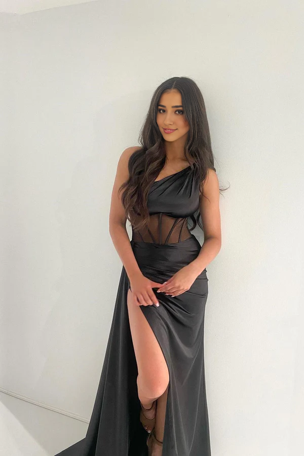 omberprom Sheath Evening Dress One Shoulder Pleated Satin Long Prom Dress