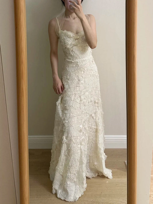 Chic Ivory Fitted Spaghetti Strap Sequined Long Prom Dress Evening Dress Bridesmaid Dress P4254