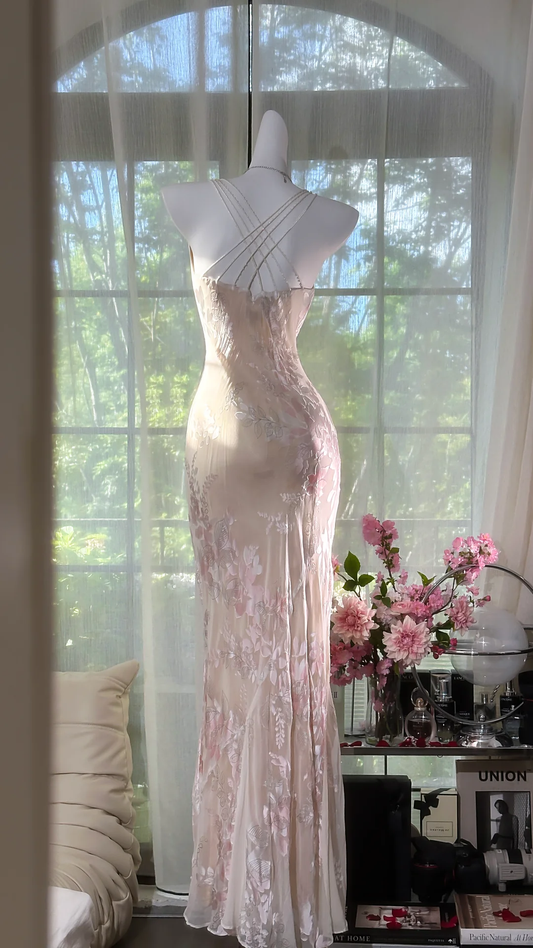 Elegant Light Pink Floral Applique Romantic Chiffon Evening Dress Prom Dresses TP4147