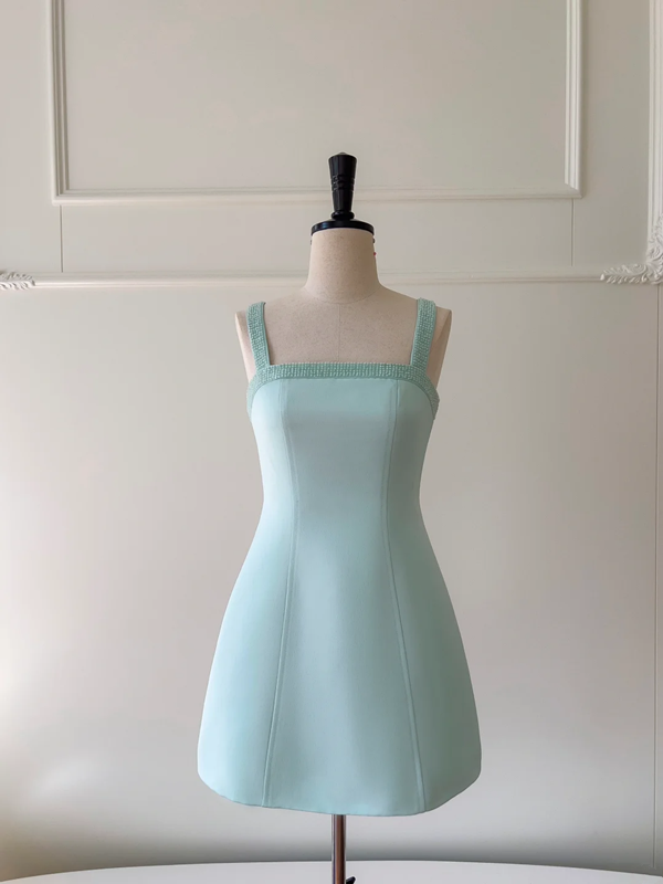 Light green suspender waist slim A-line short skirt homecoming dress R5199