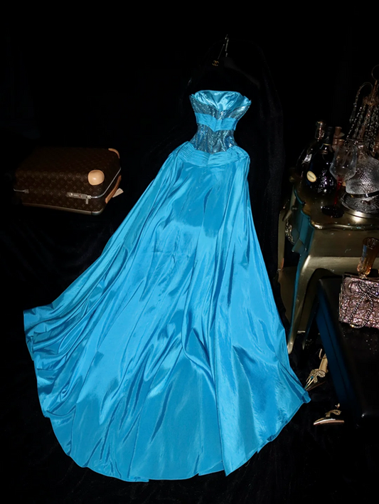 Blue strapless sequined fitted long ball gown R6989