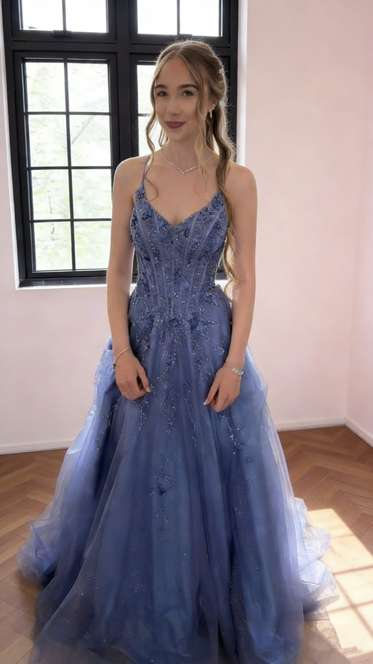 Elegant Blue Tulle Sequin Appliques Long Birthday Party Dress Prom Gown SP1722