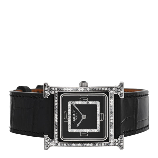 18K White Gold Alligator Diamond Grey Sapphire 26mm Heure H Hour Quartz Watch Noir