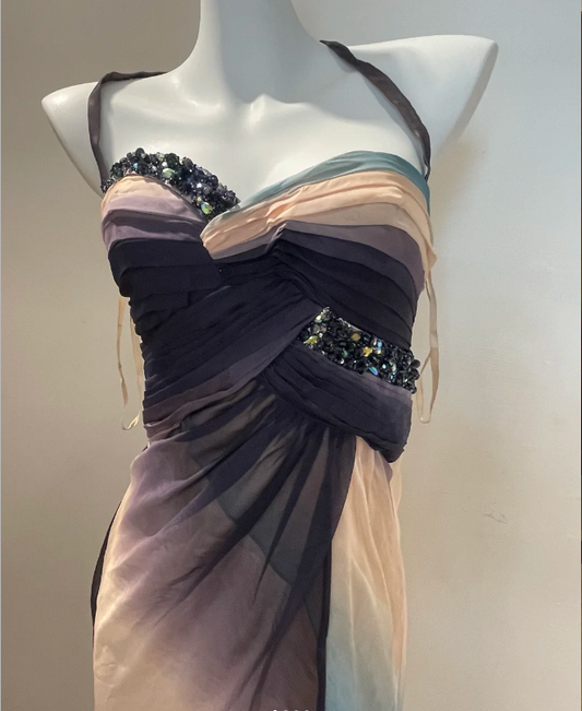 Dreamy Gradient Mermaid Halter Neck Beaded Chiffon Long Prom Dress Evening Dress P4267