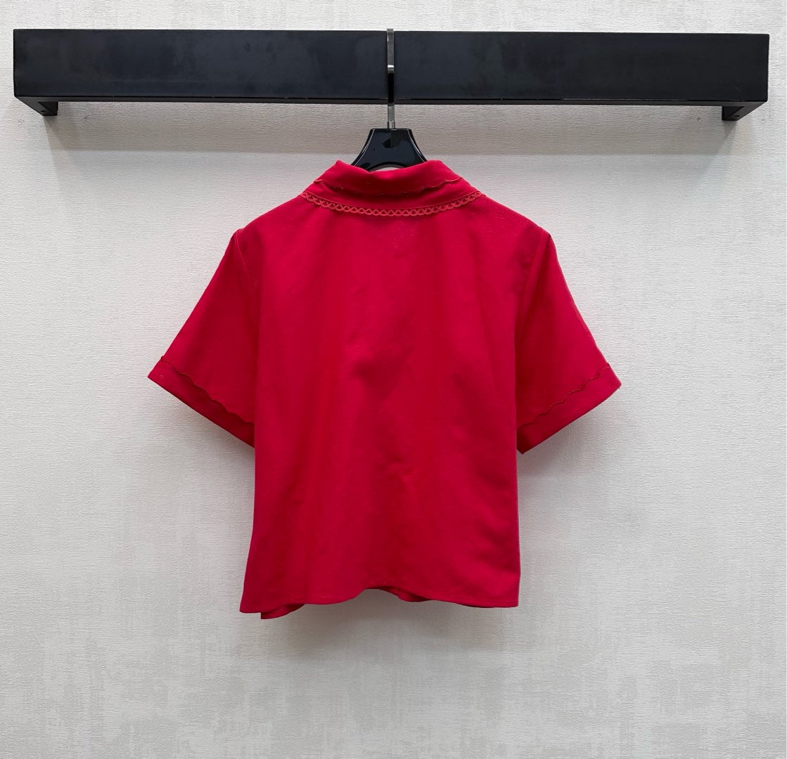 Miu SS26 Set Scalloped-Collar Shirt A-line Skirt Red Cotton Linen 351911
