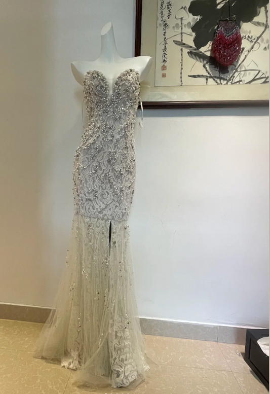 Luxurious And Elegant Sweetheart Neckline Pearl Rhinestone Lace Mermaid Long Prom Dress Evening Dress P4273
