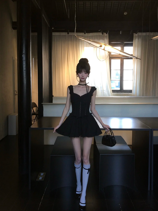 Black suspenders slim waist A-line cute short skirt homecoming dress R5061
