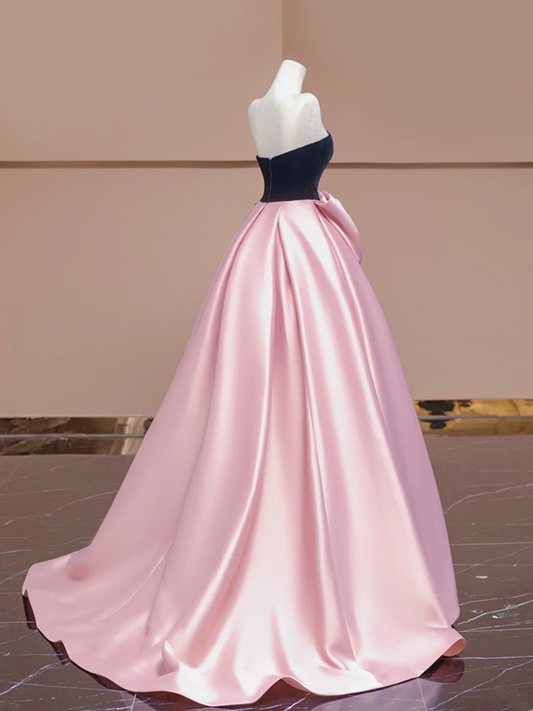 Black strapless bodice with a fitted waist and pink tulle skirt, a ball gown/bridal dress R8359