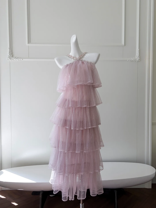 Light purple halter neck cake straight long skirt homecoming dress R5099