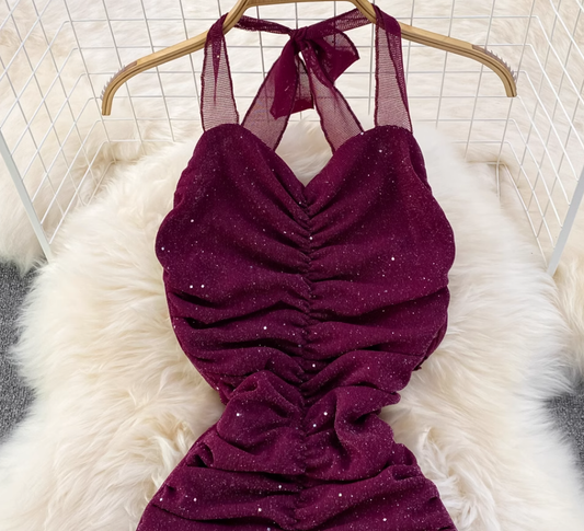 Evening dress high-end atmospheric slim long dress sequined halter neck backpack hip fishtail dress R0399
