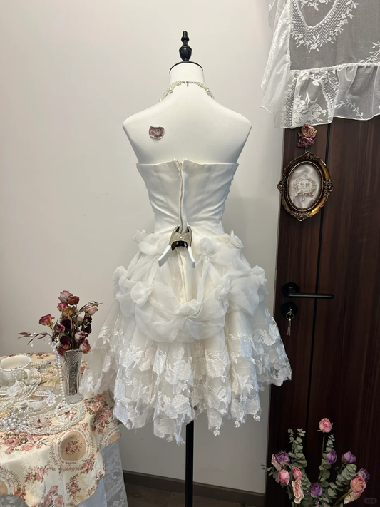 White tube top lace skirt sexy cute short skirt homecoming dress R4173