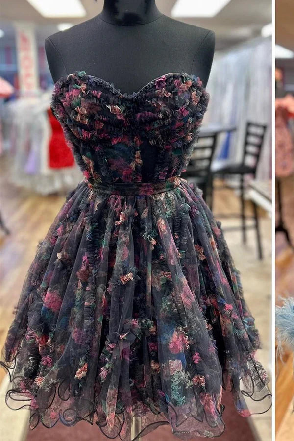 omberprom A Line Fashionable and Beautiful Strapless Floral Homecoming Dress