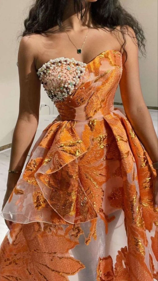 Orange satin tube top design neckline slim waist long dress homecoming dress R3724