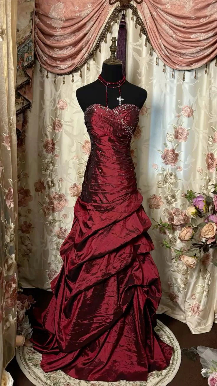 Elegant Strapless Burgundy Layered Satin Beaded Ball Gown Evening Dress Y8778
