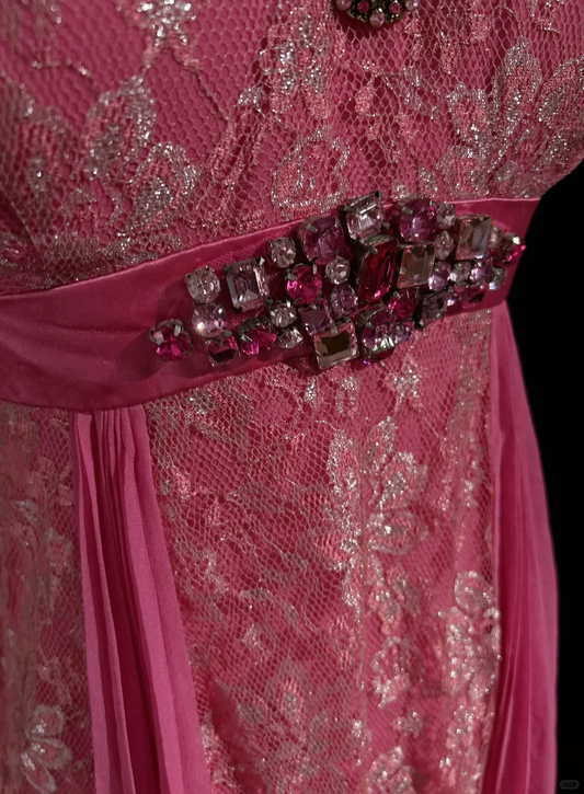 Pink tube top waist lace design soft mid-length dress homecoming dress R4901