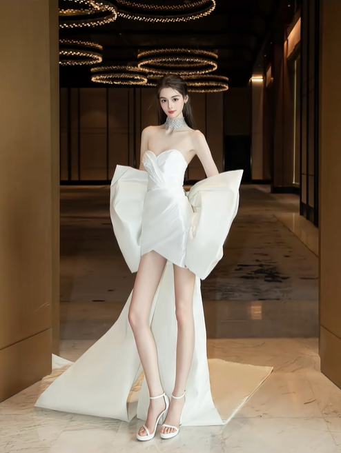 White tube top cute princess back bow design sexy mini skirt homecoming dress R4211
