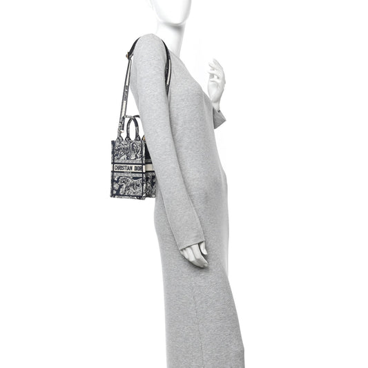 Canvas Toile de Jouy Reverse Embroidered Mini Book Tote Phone Bag Blue