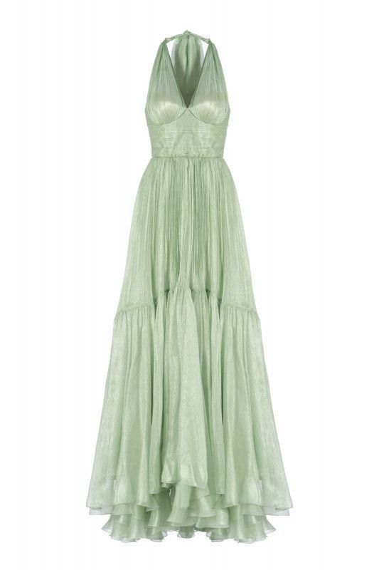 A Line V Neck Sleeveless Green Long Evening Prom Dresses S7107