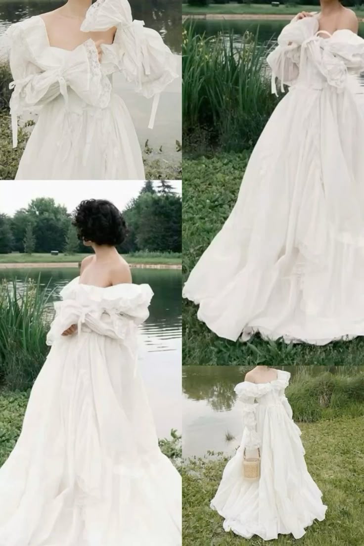 A Line Vintage Off Shoulder Long Wedding Dress S7075